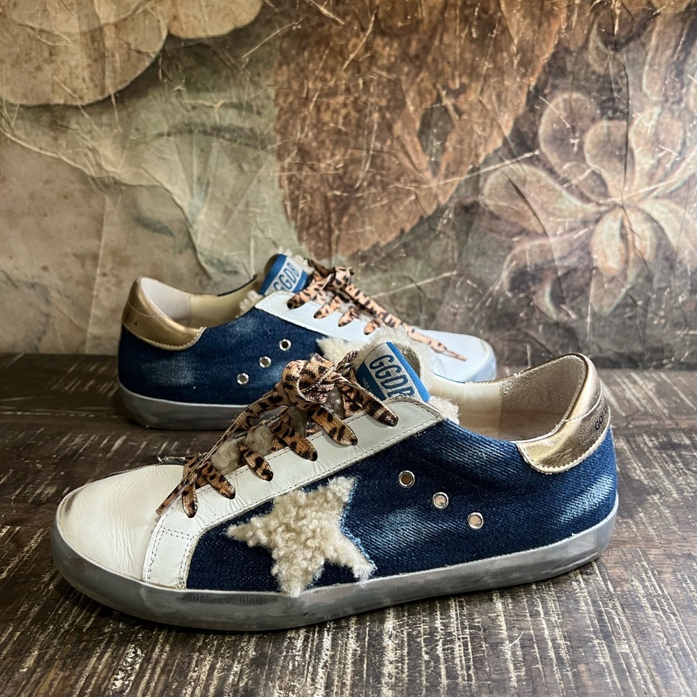 Women’s Golden Goose Superstar Sneakers in Denim/Leopard/Shearling, size 39